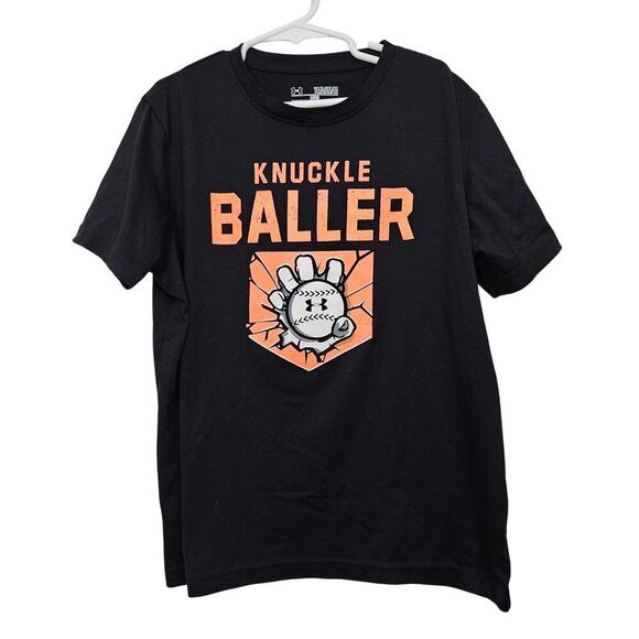 Boy's Under Armour T Shirt Short Sleeve Black Loose Fit Medium Baseball Knuckle - Picture 1 of 3